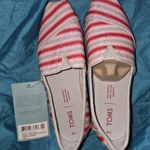 TOMS Women's Red and White Striped Flats